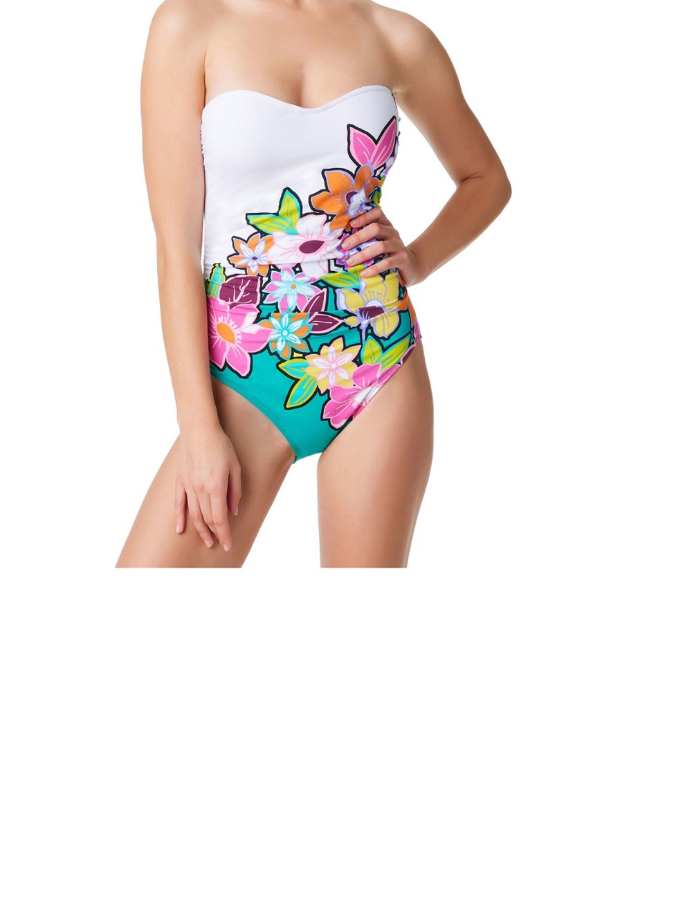 Bleu Rod Beattie Strapless Floral One-Piece in White, Teal & Orange